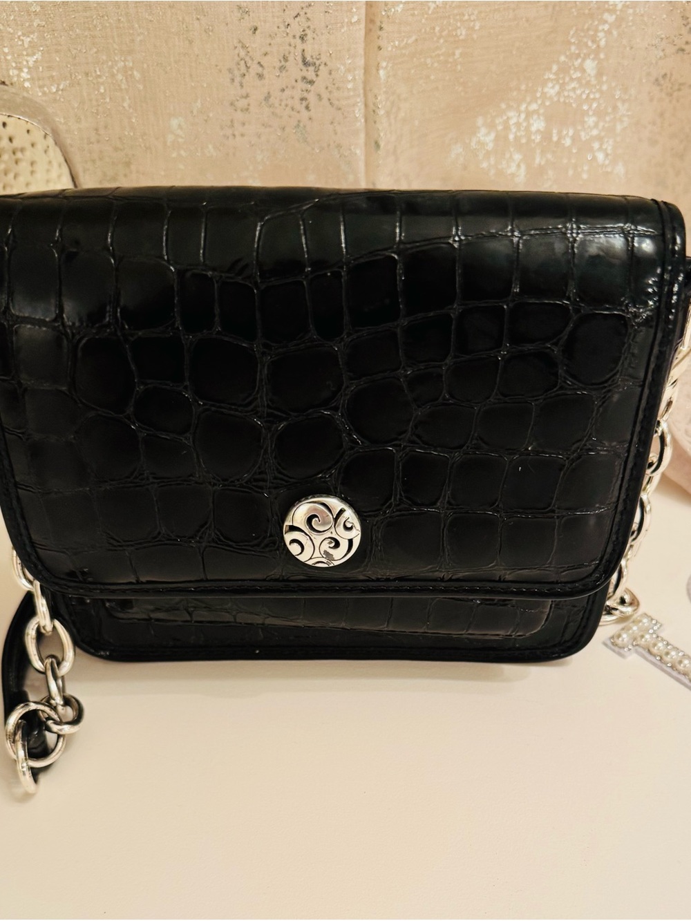 Brighton Black Croc-Embossed Chain Shoulder Bag